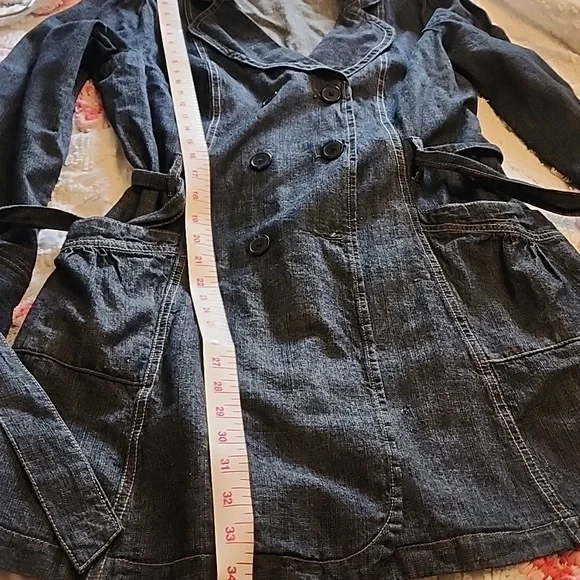 French Cuff Blue Demin Jeans Cotton Belt Pocket Trench Coat Jacket Women's Sz L - Picture 9 of 9